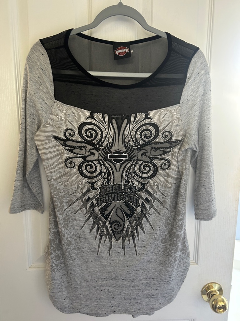 Harley-Davidson Grey Long Sleeve Tee with Black Mesh Yoke and Ornate Graphic